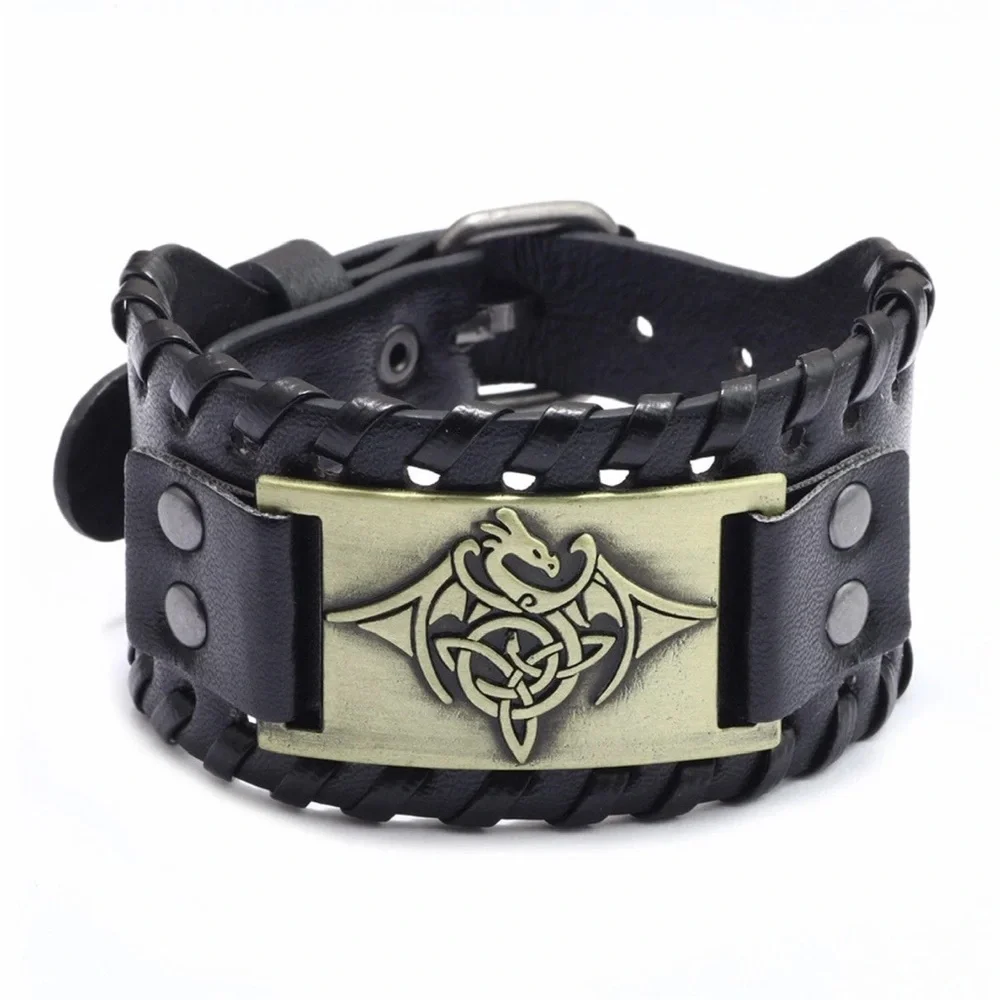 Men's Style Alloy Totem Charm Braided Leather Bracelet Wide Wristband